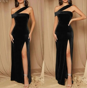 Luxe asymmetrical neck slit thigh velvet formal party gown dress